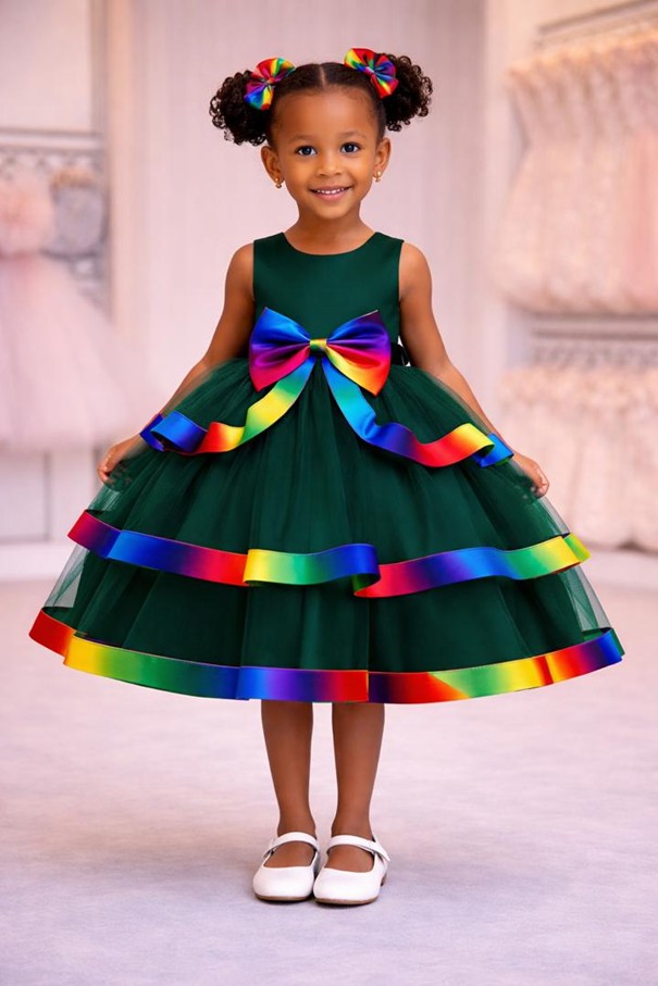 Robe fille cérémonie vert profond avec rubans arc-en-ciel