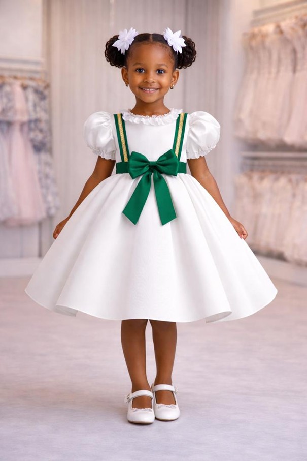 Robe fille cérémonie blanche avec nœud vert